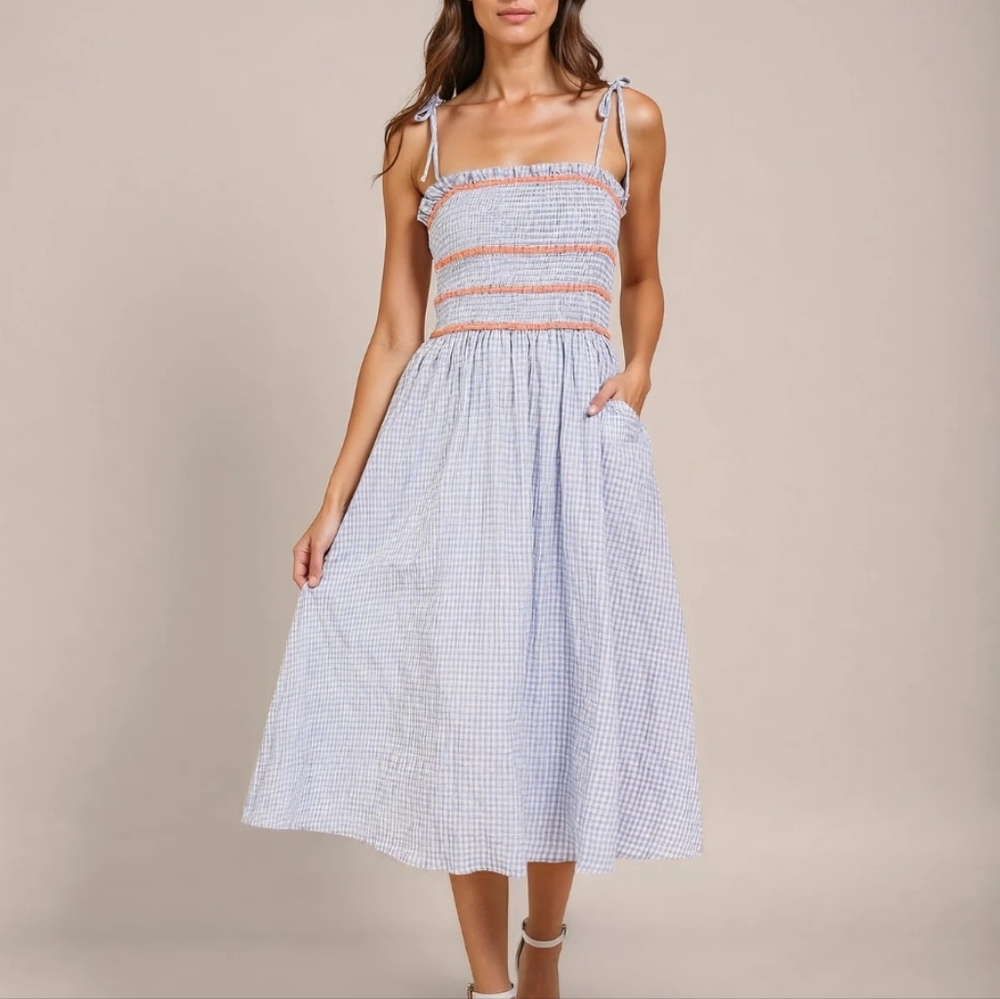 Lumière Women's Tie Shoulder Smocked Fit&Flare Blue & White Gingham Midi Dress L
